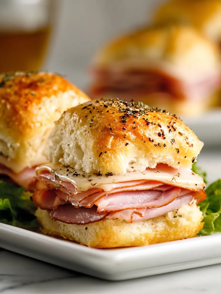 Dos sliders de jamón y queso suizo en un plato.