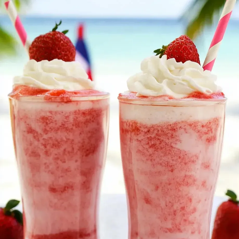 Dos frappés de fresa sobre una mesa.