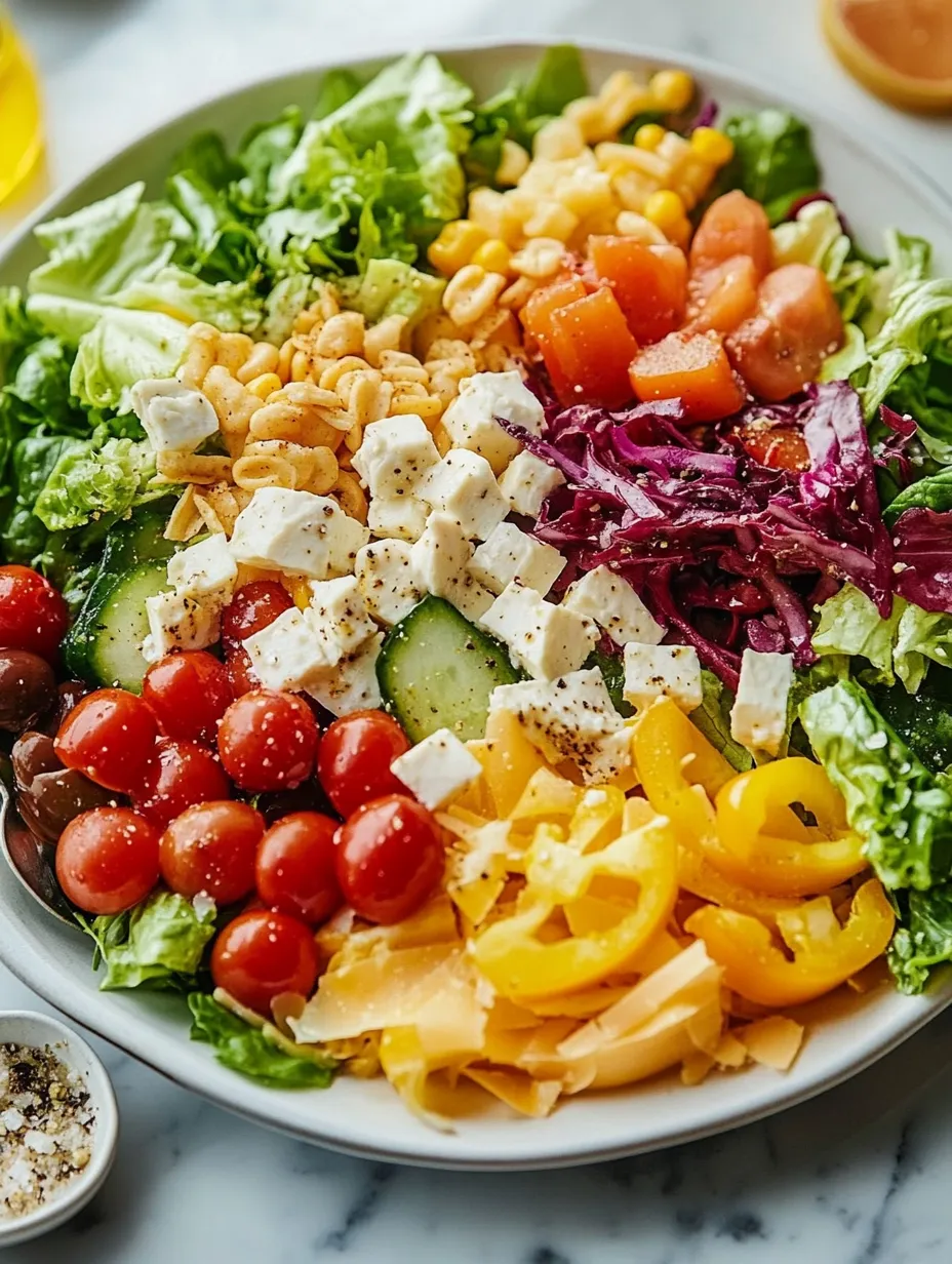 Una ensalada colorida con tomates, pepinos, queso y muchas verduras.