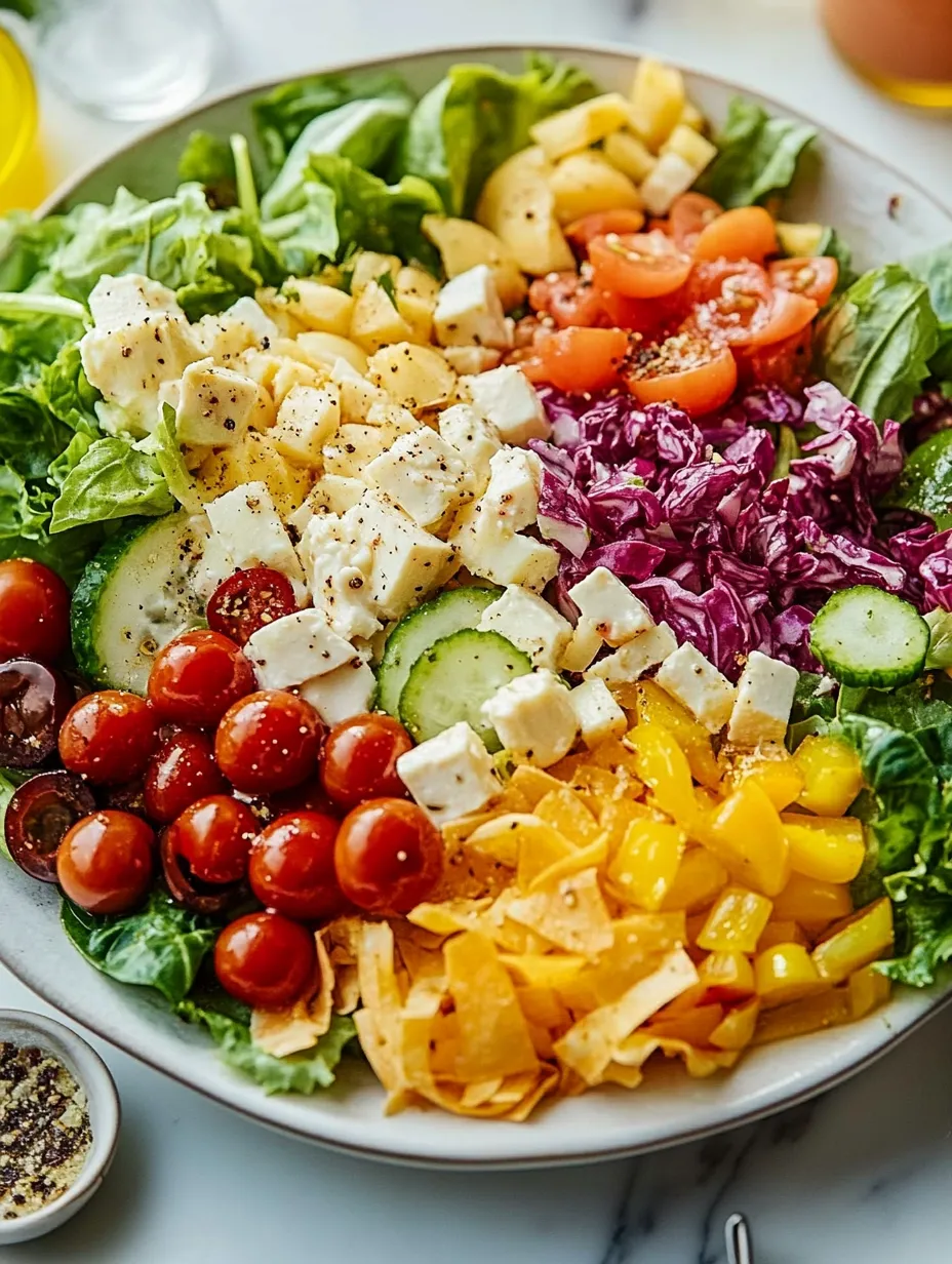 Una ensalada italiana colorida con tomates, pepino, queso y lechuga.