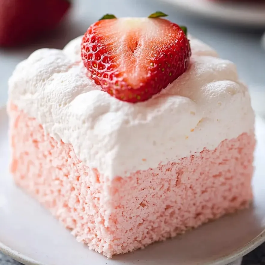 Una porción de pastel rosa y blanco con una fresa encima.