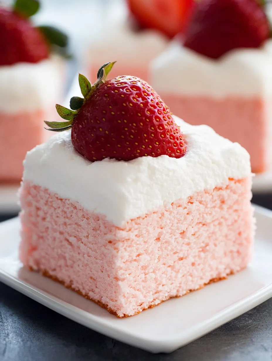 Porción de pastel rosa con una fresa arriba.