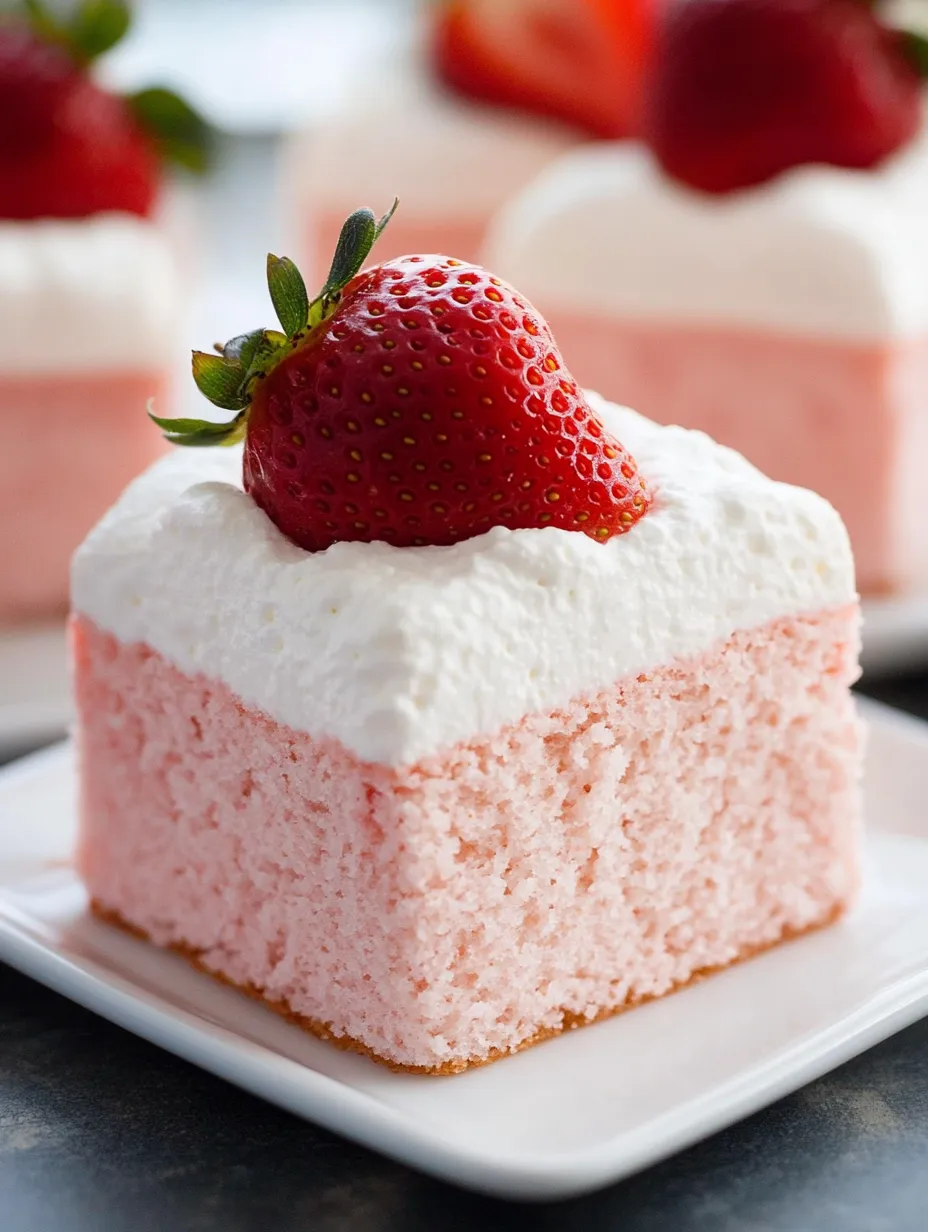 Corte de pastel rosado y blanco con una fresa encima.