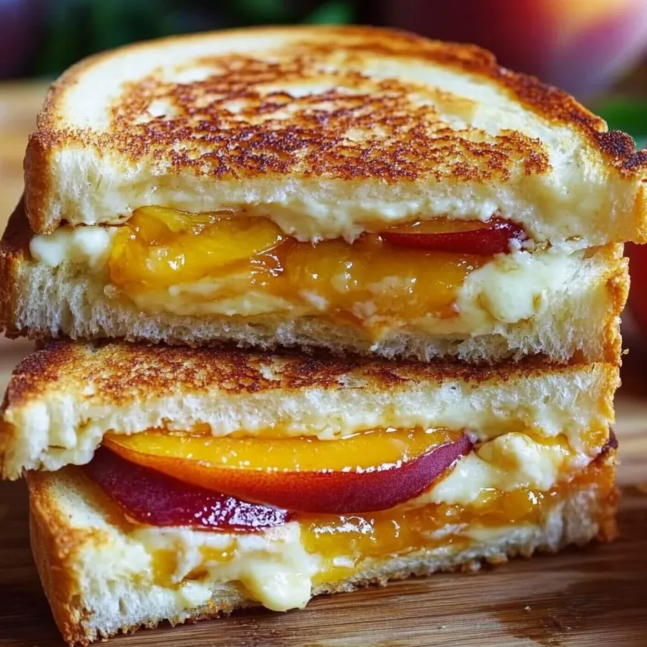 Un sándwich a la plancha con duraznos y queso cheddar blanco.