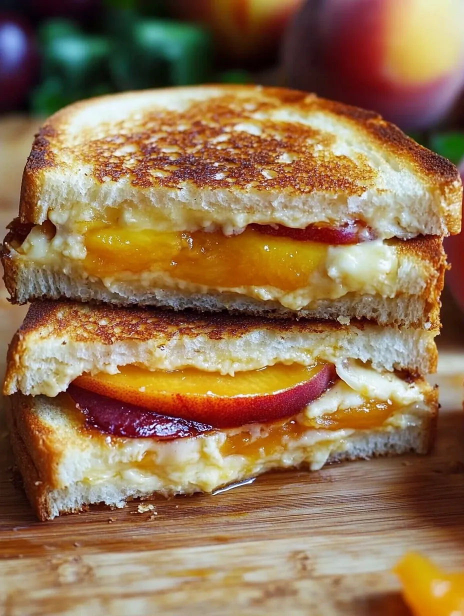 Un sándwich con duraznos y queso cheddar blanco.