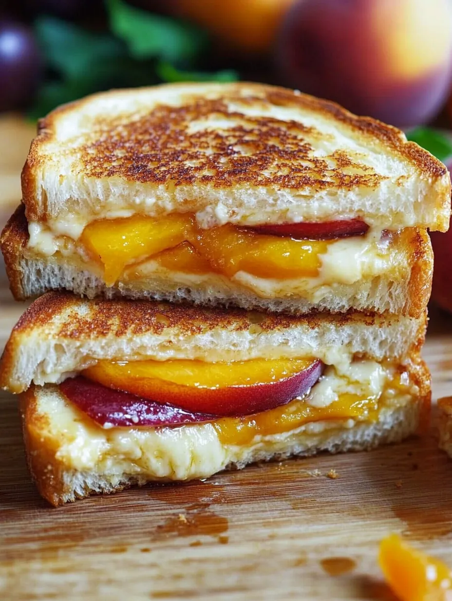 Un sándwich de queso derretido con duraznos y queso cheddar blanco.