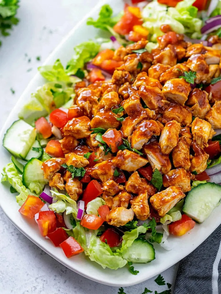 Plato de ensalada de pollo con lechuga y tomates.