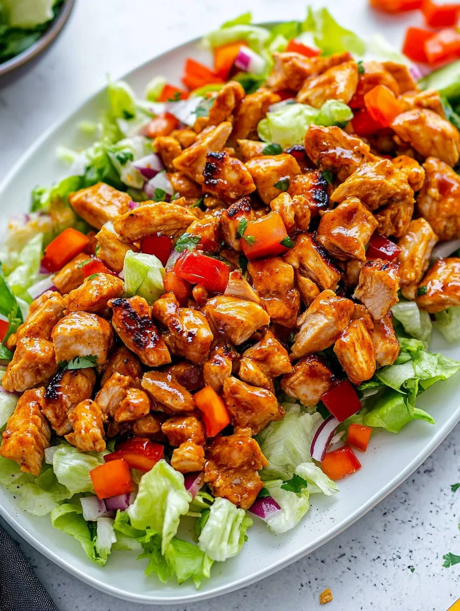Un plato de ensalada de pollo con miel y picante.