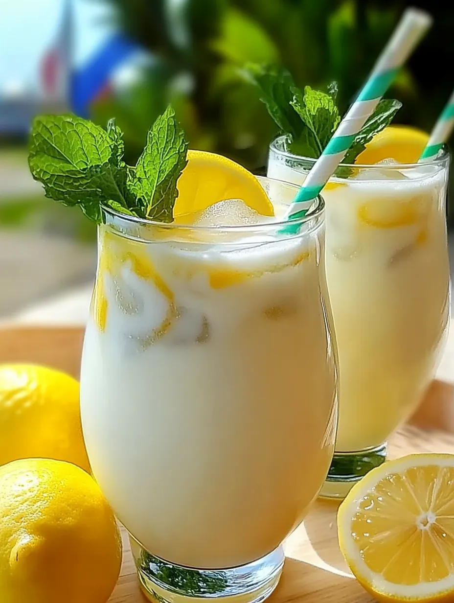 Dos vasos de limonada cremosa con giros de limón.