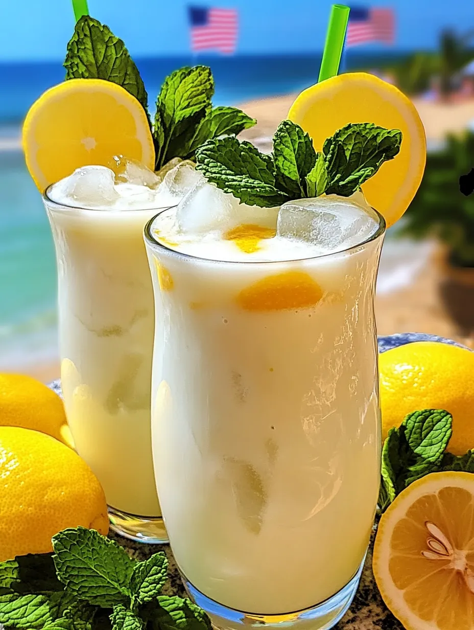 Dos vasos de limonada cremosa con giros de limón.