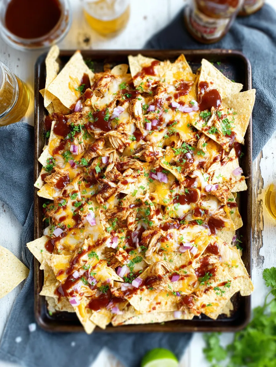 Charola de nachos con pollo BBQ.