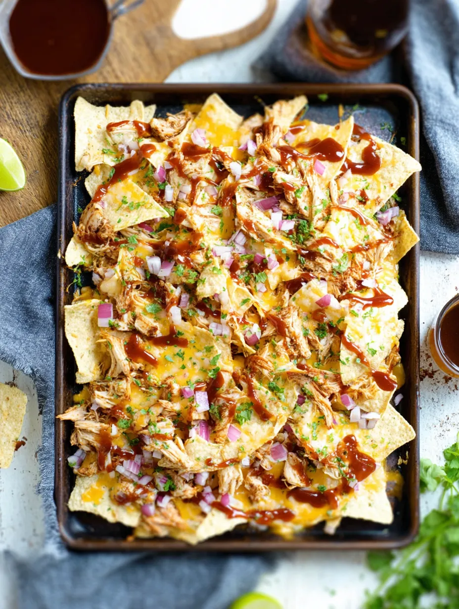 Una charola de nachos con pollo BBQ y cebollas.