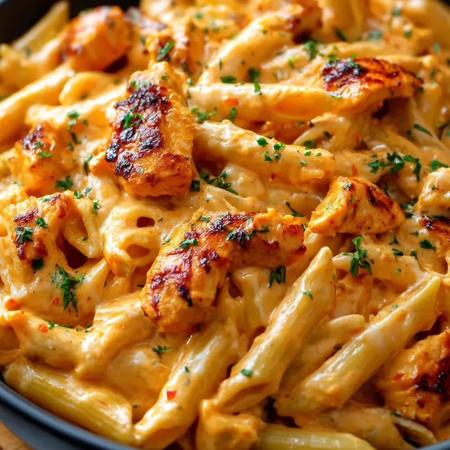 Un plato de penne de pollo buffalo ranch hecho en una sola olla.