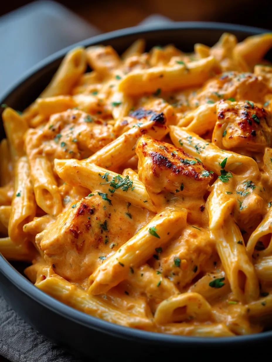 Un bowl de pasta con pollo y salsa fácil.