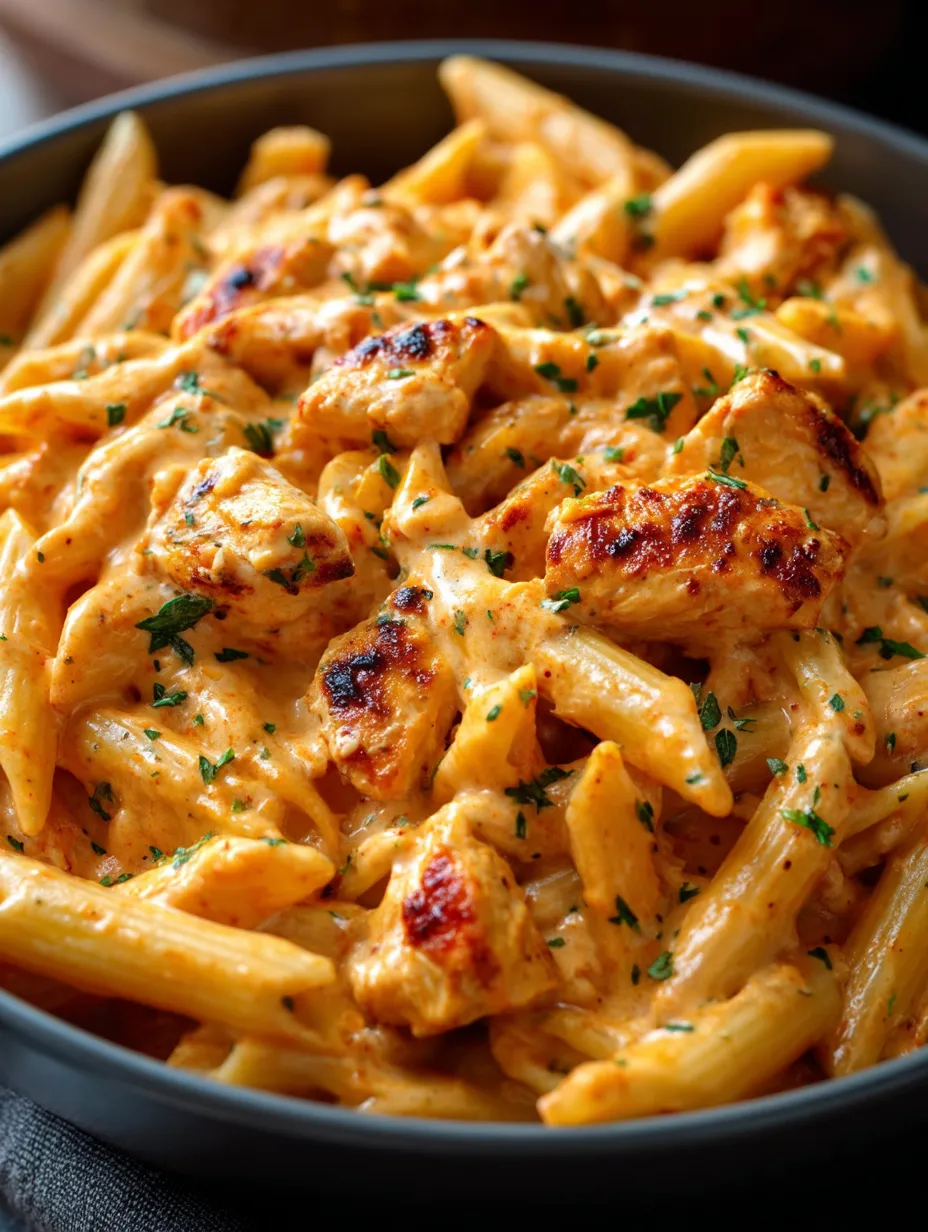 Un bowl de pasta con pollo y salsa.