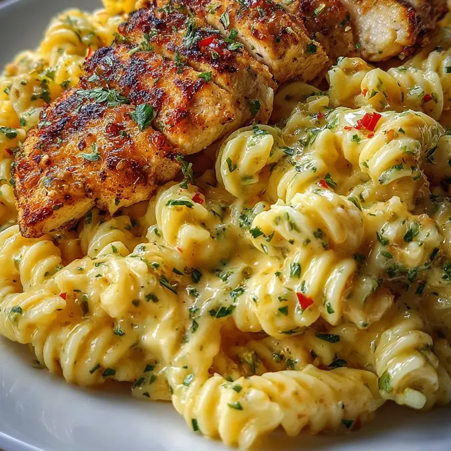 Un plato servido con pollo y pasta.