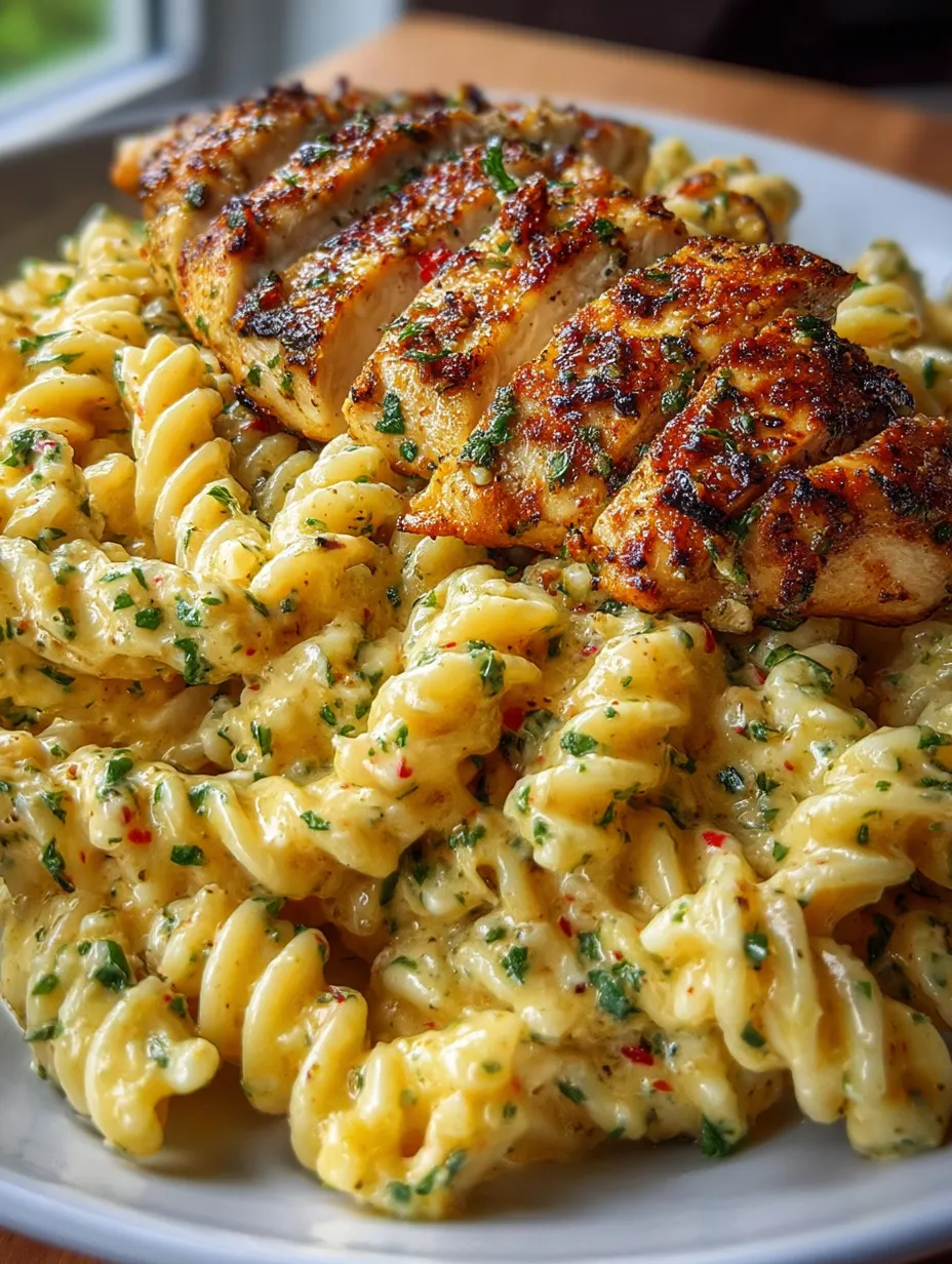 Plato servido con pollo y pasta.