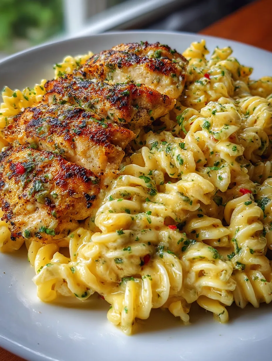 Un plato con pollo y pasta listo para comer.
