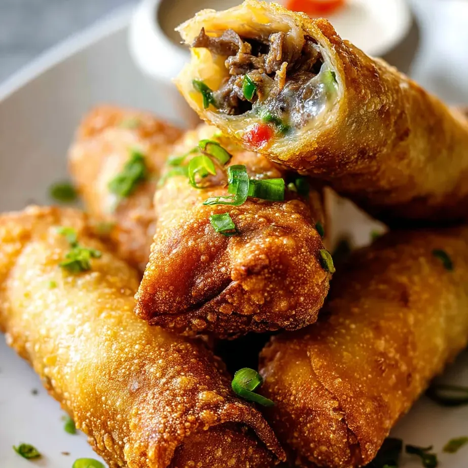Plato lleno de rollitos de Philly cheesesteak.