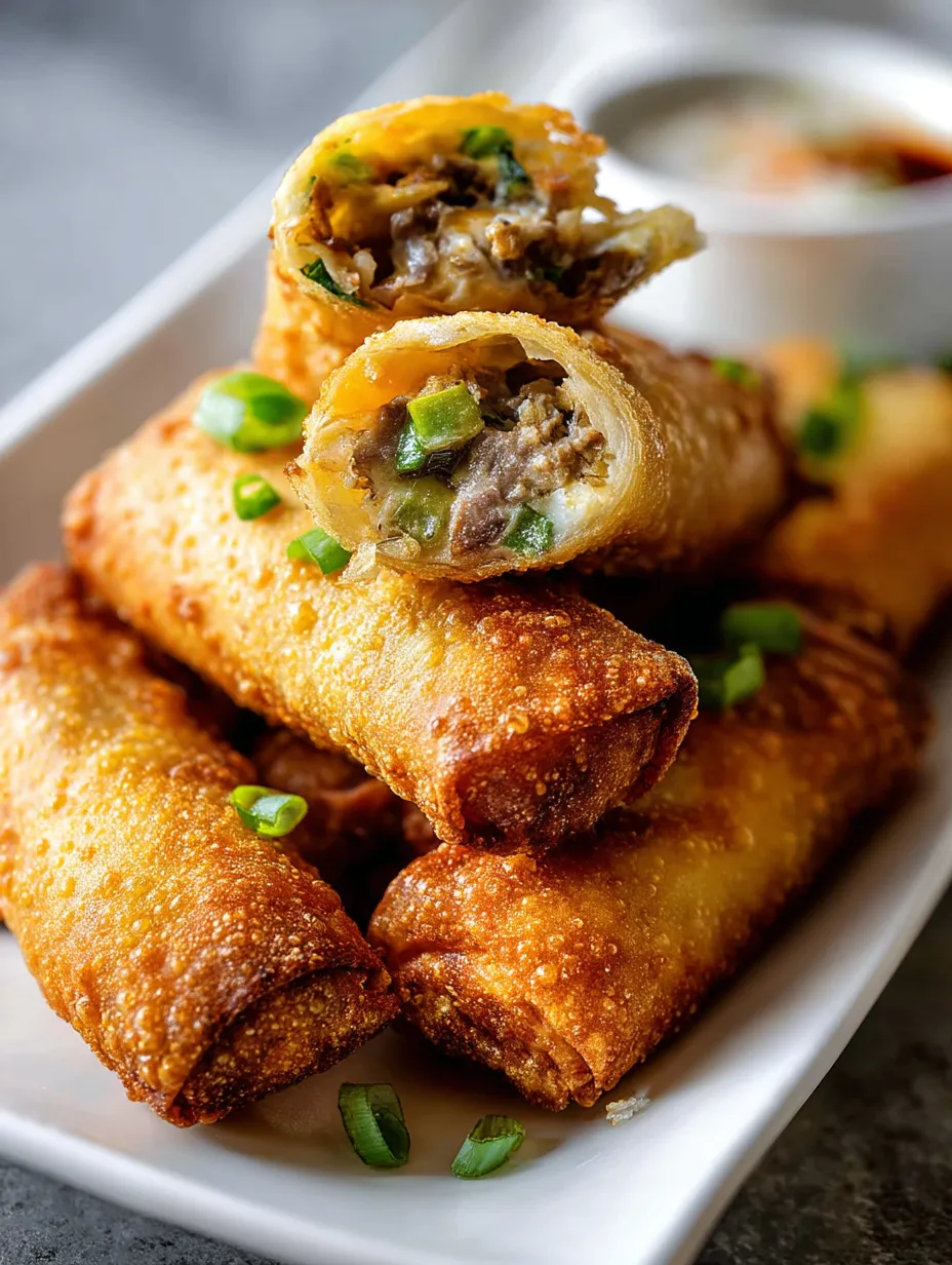 Un plato con un rollito de cheesesteak y salsa.