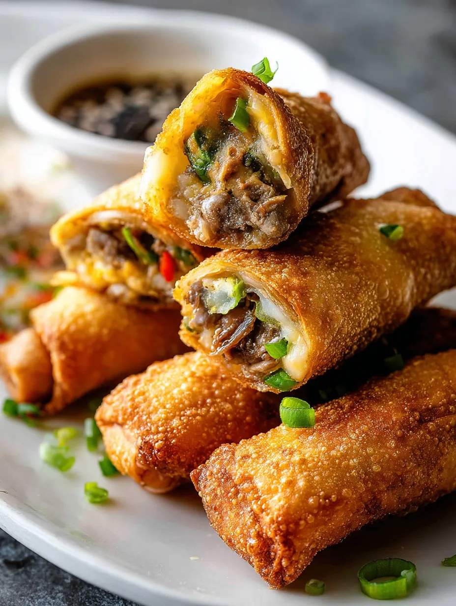 Un plato con varios rollitos y un bowl con salsa.