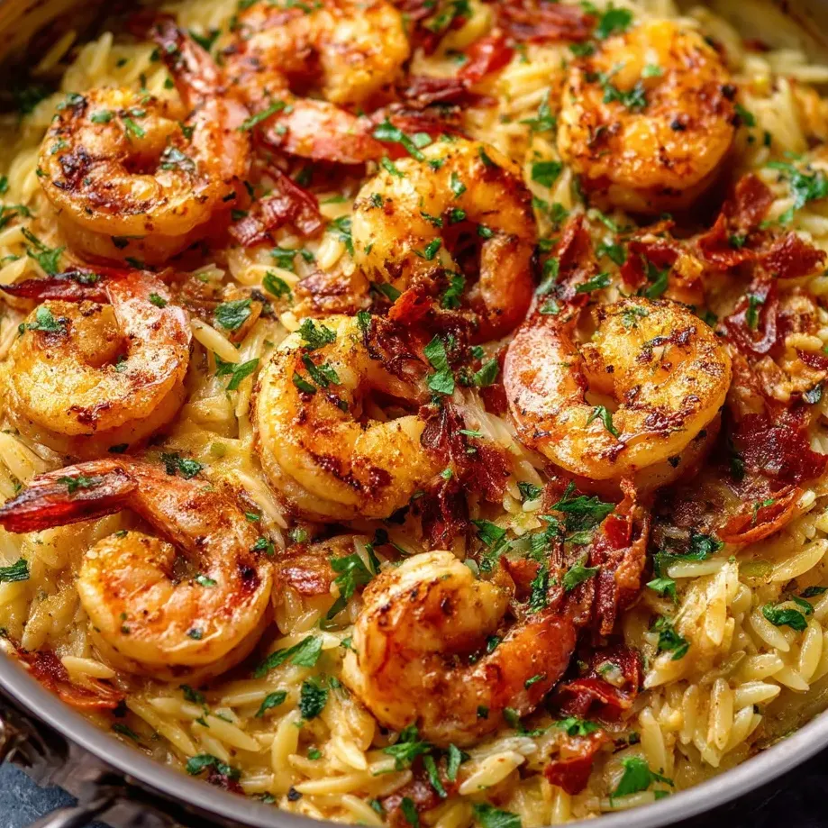 Un plato de pasta con camarones y orzo.
