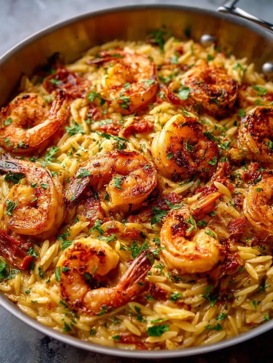 Un platillo de camarones con pasta orzo.