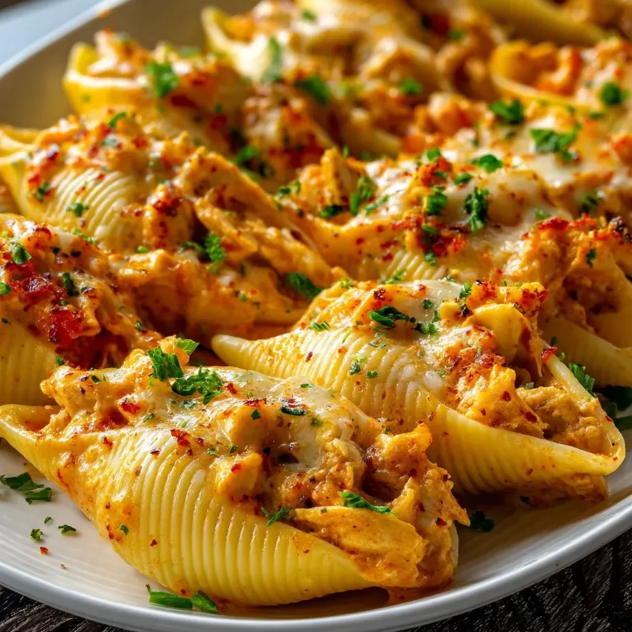 Un plato de conchas de pollo Cajun cremosas.