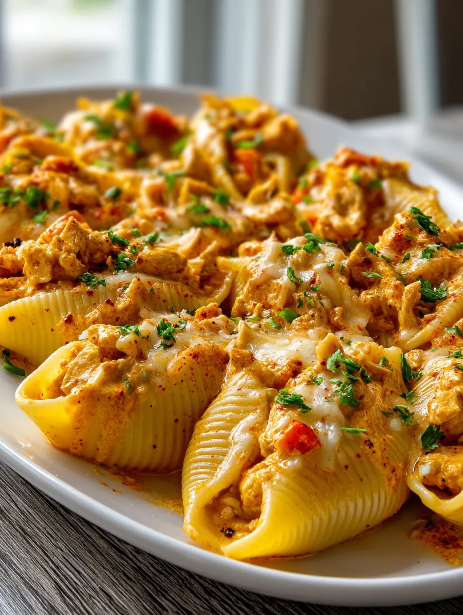 Un plato de conchas cajún cremosas con pollo.