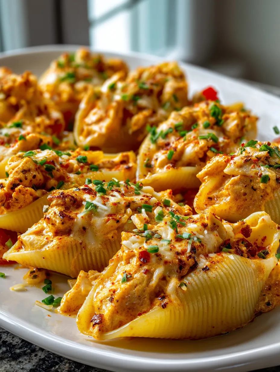 Un plato de conchas cajún cremosas con pollo.