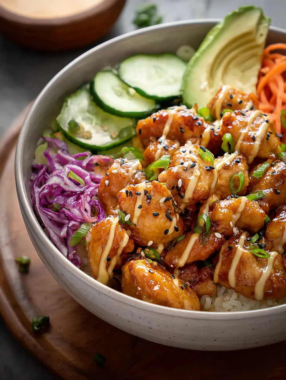 Un bowl de bang bang chicken con arroz y verduras.
