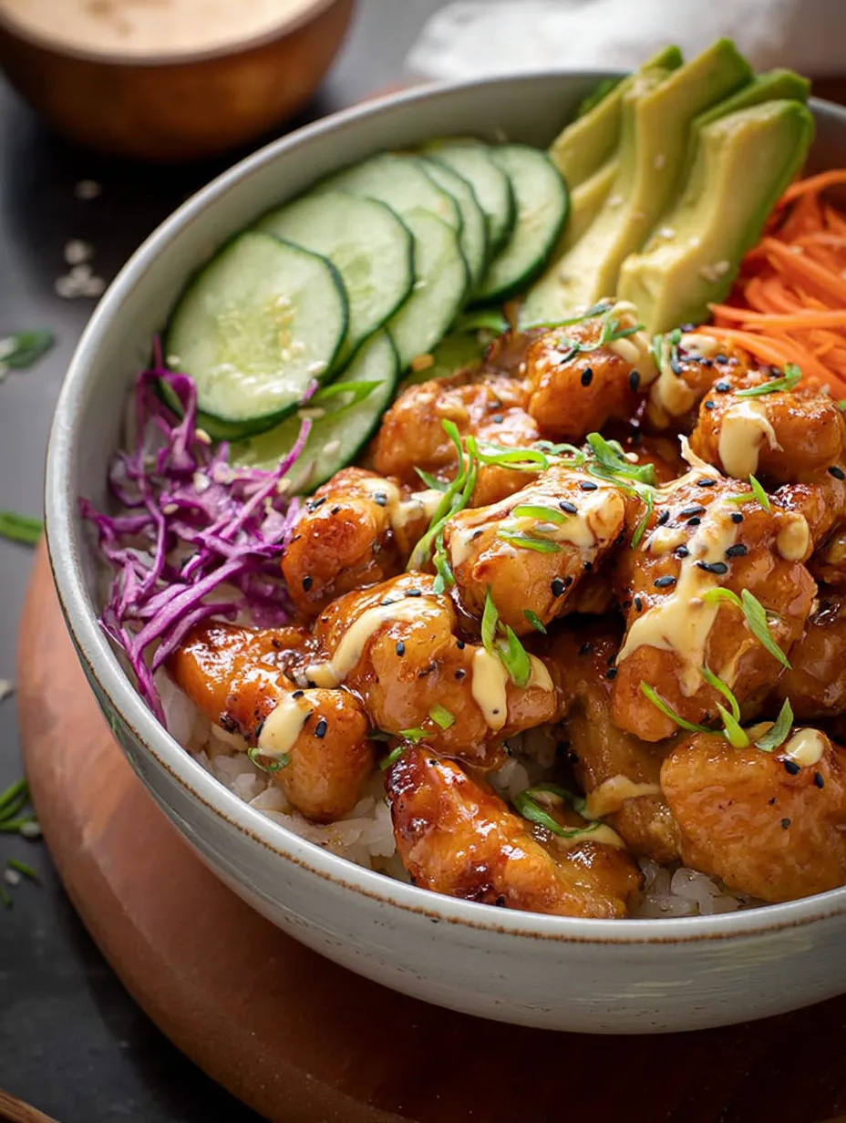 Un bowl de bang bang chicken con arroz y verduras.