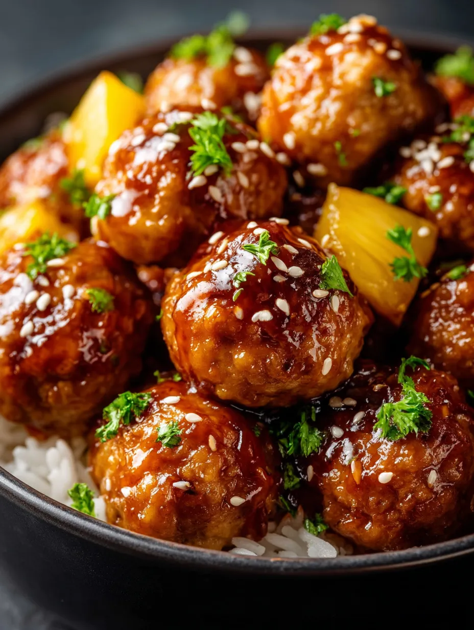 Un bol de albóndigas con salsa teriyaki de piña.