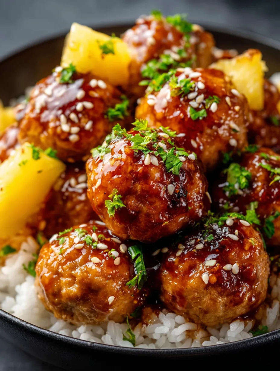 Un bol de albóndigas con salsa teriyaki de piña.