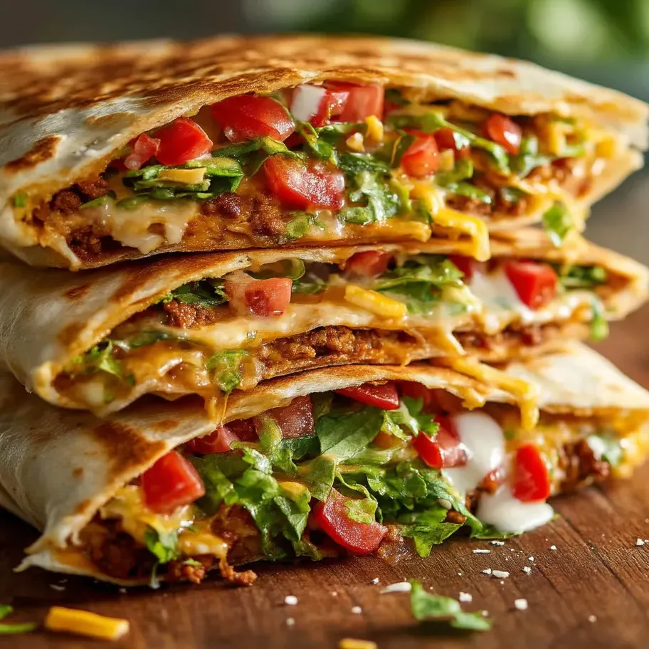 Unos wraps crujientes apilados, rellenos de carne y queso.