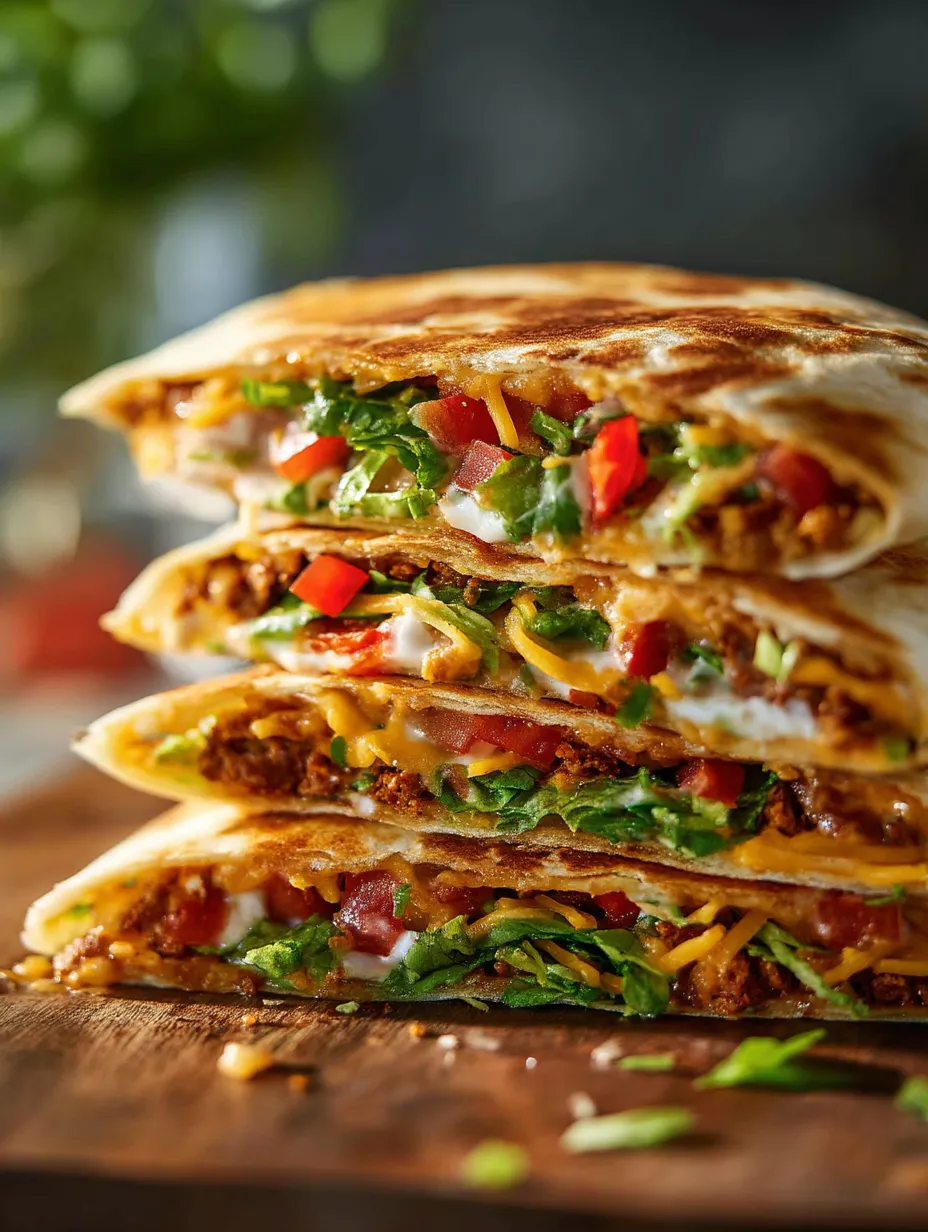 Tres burritos apilados con lechuga, tomate y queso.