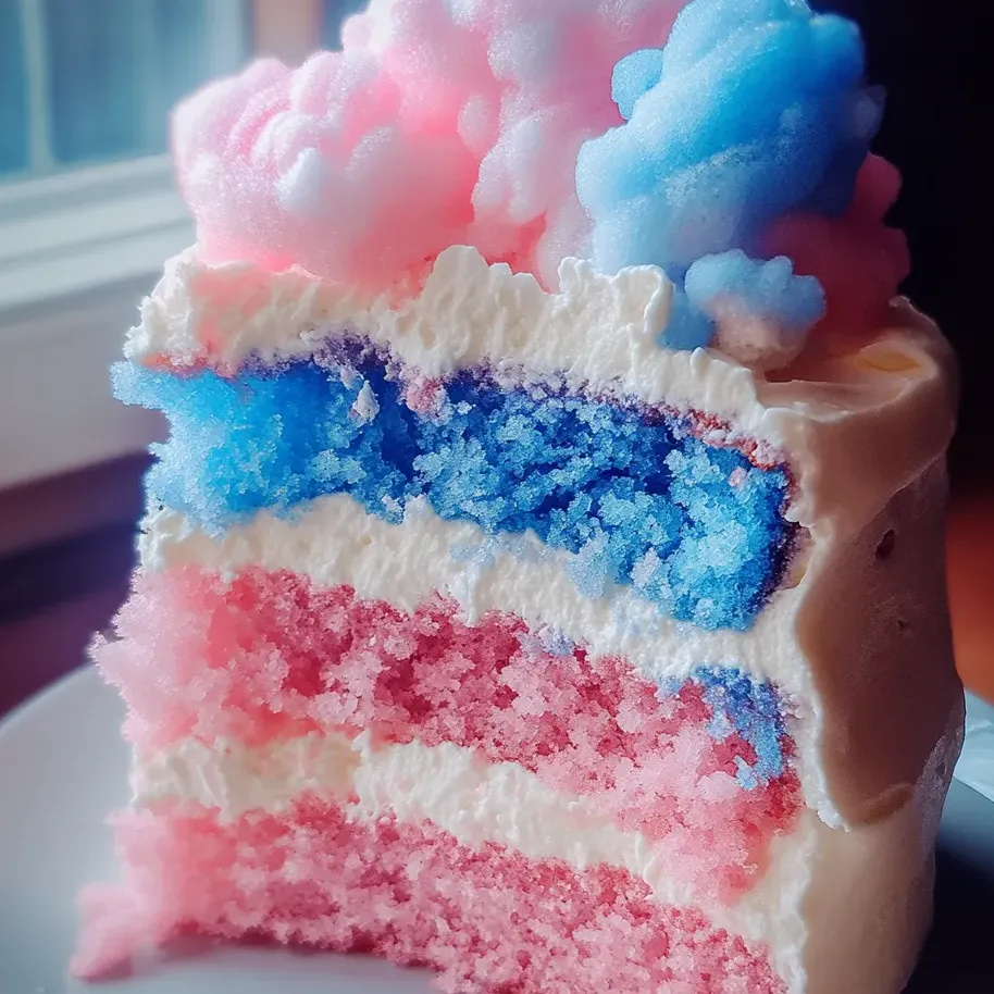 Una porción de torta con sabores a algodón dulce.