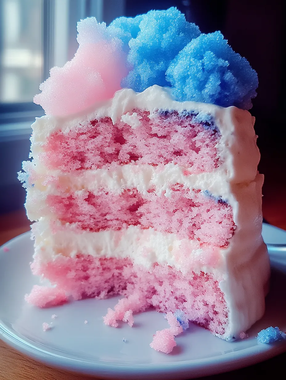Un trozo de pastel de algodón de azúcar con glaseado rosa, blanco y azul.