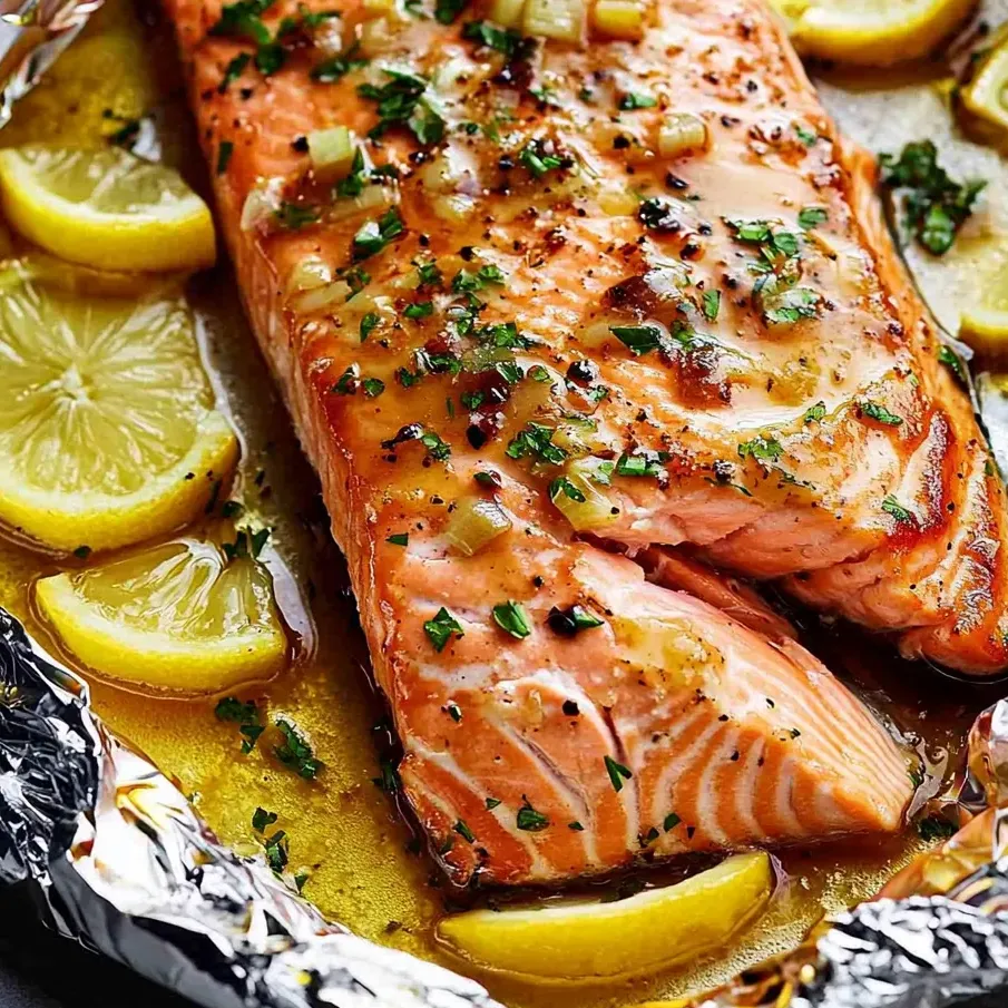 Un trozo de salmon con rodajas de limon encima.