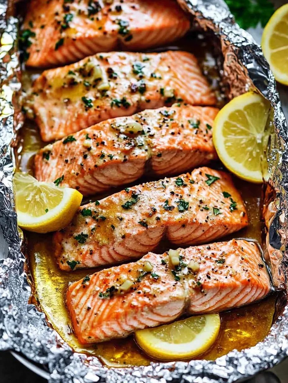 Salmon al horno en aluminio con rodajas de limón arriba.