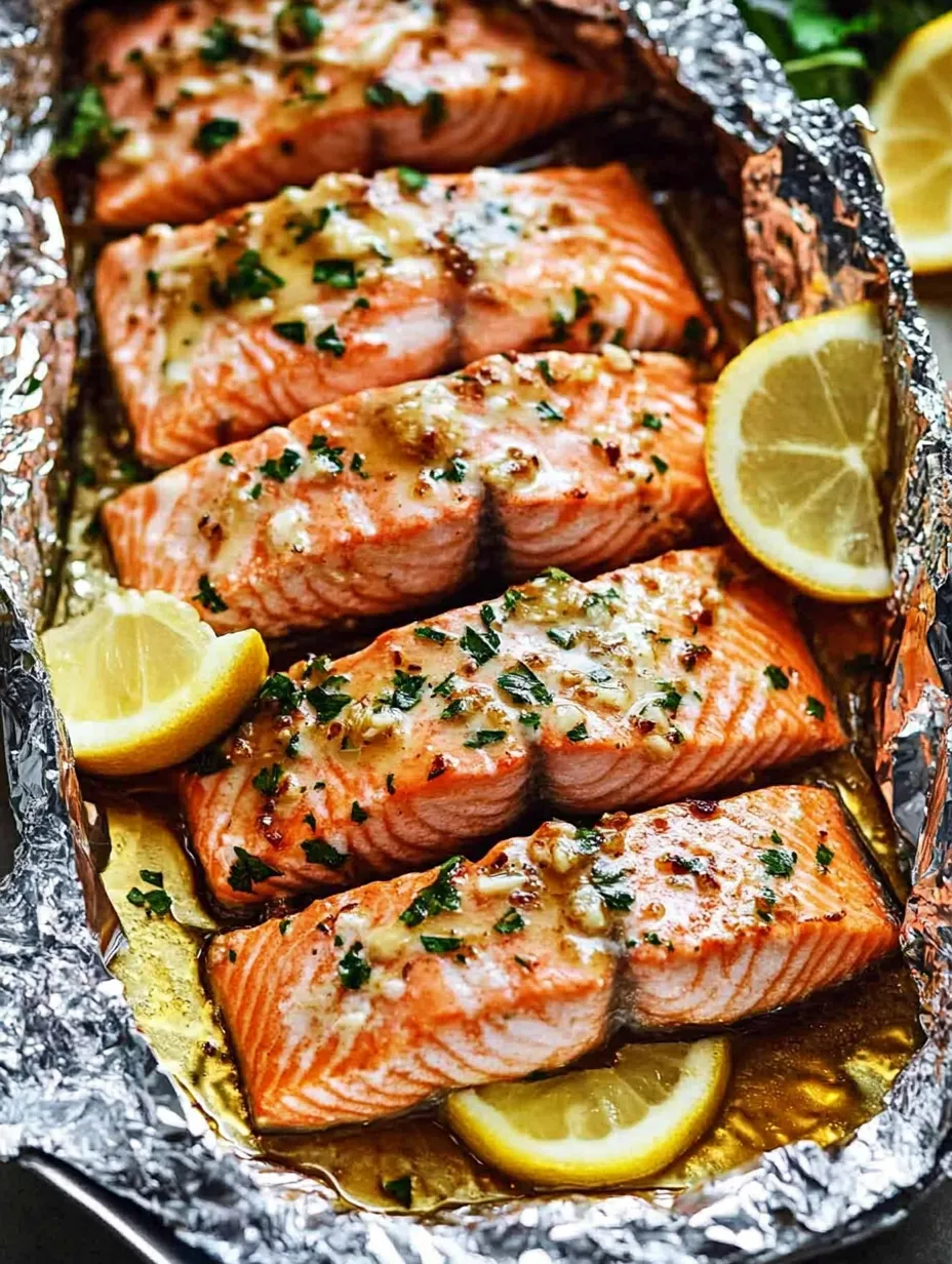 Salmón cubierto en papel aluminio bañado en mantequilla, ajo y miel.