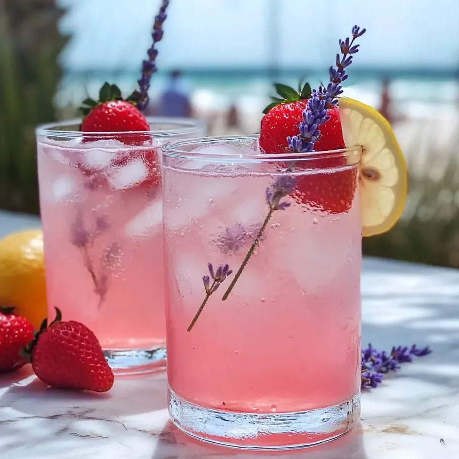 Dos vasos de limonada rosa con lavanda.