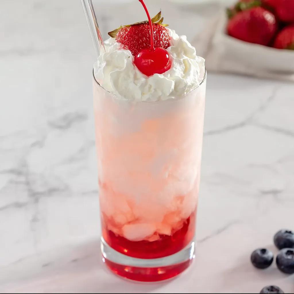 Un vaso de soda italiana cremosa con cereza encima.