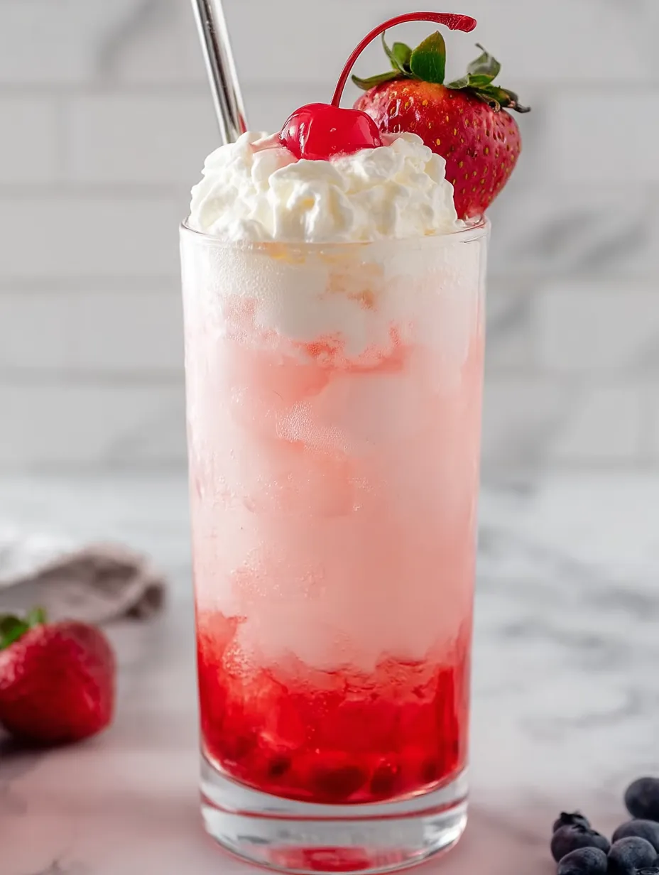 Vaso de soda italiana cremosa con fresas arriba.
