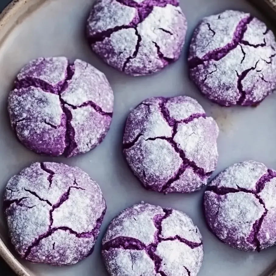 Galletas crinkle moradas con glaseado blanco.
