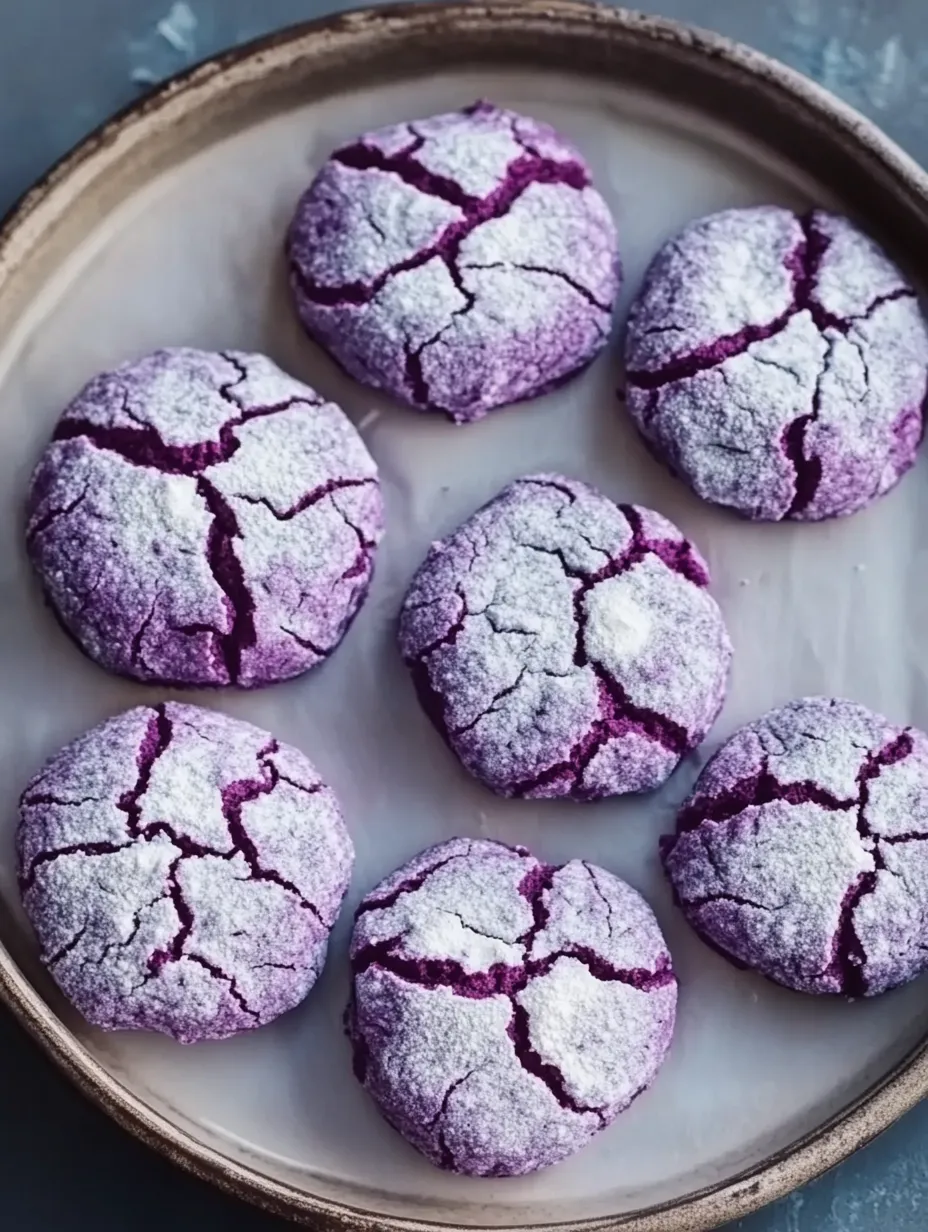 Galletas craqueladas moradas con azúcar blanco.