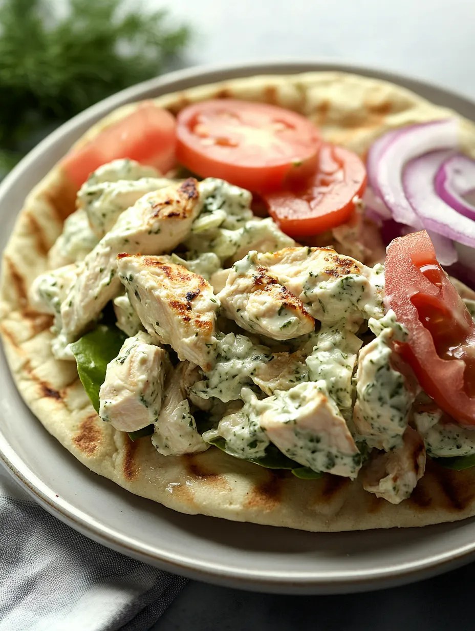 Un plato de ensalada de pollo con tomates, cebolla y pan pita al lado.