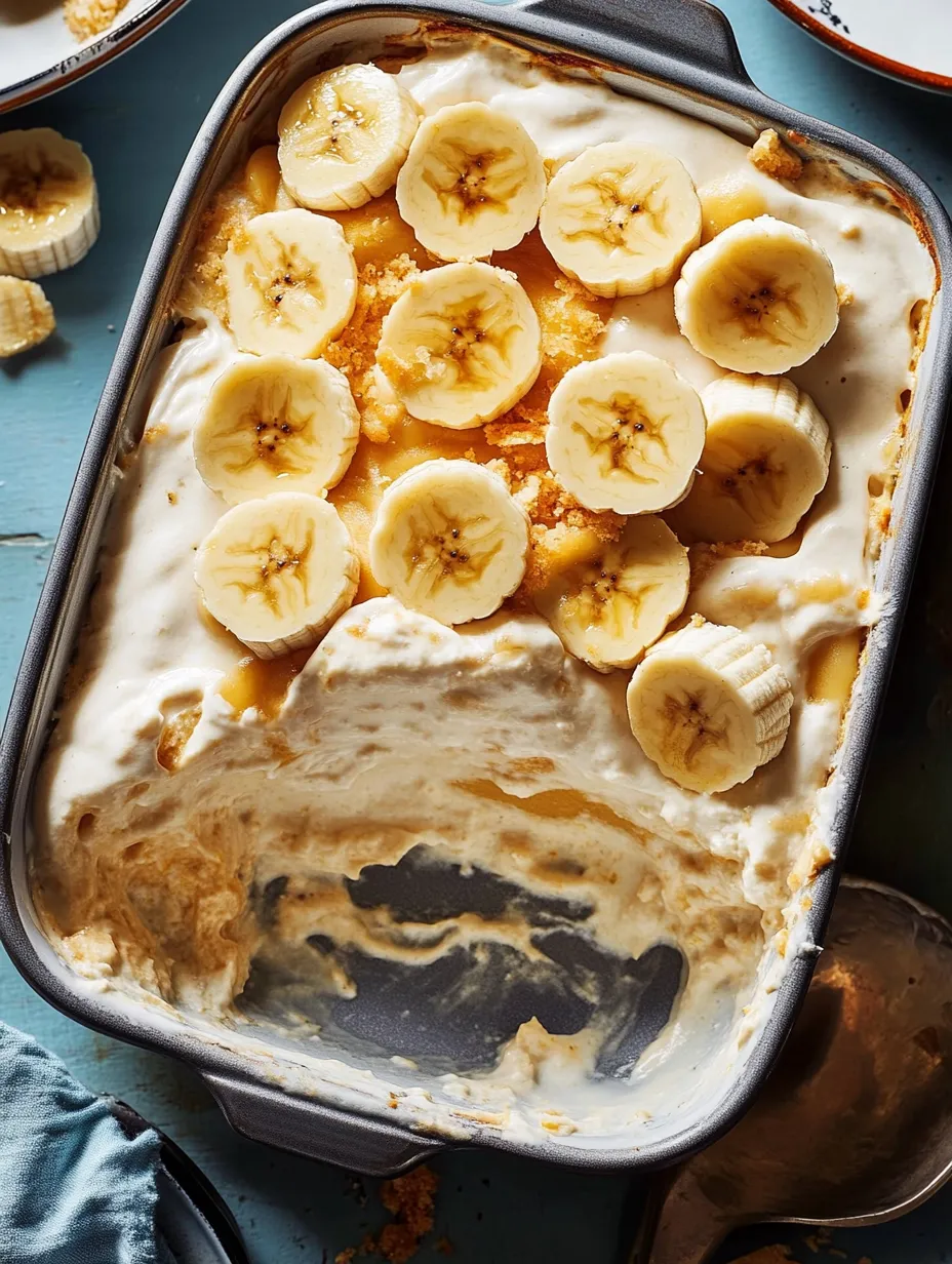 Un primer plano de una delicia de lasaña de pudding de plátano.