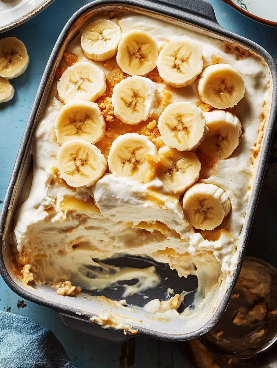 Un primer plano de una delicia de lasaña de pudding de plátano.