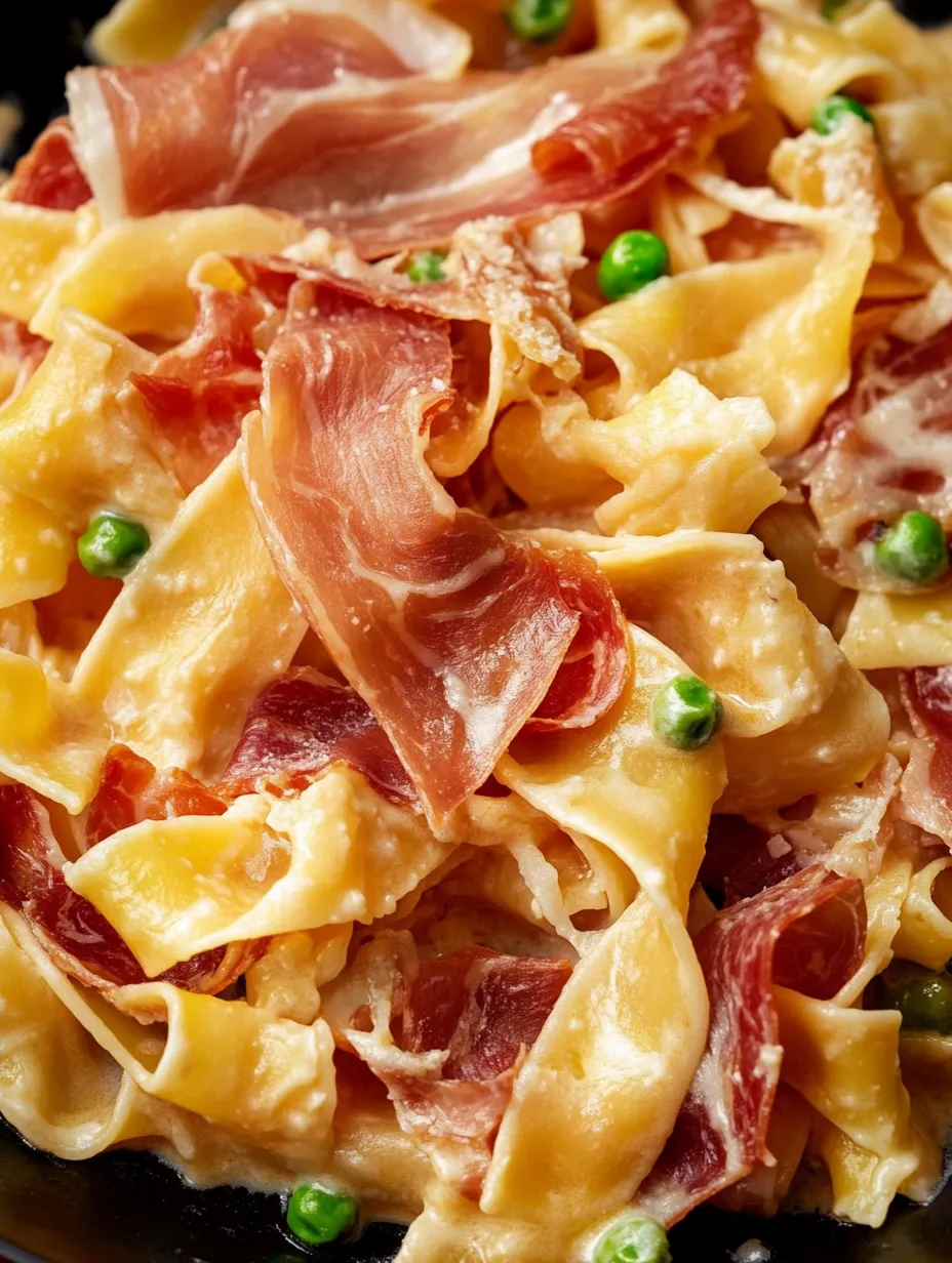 Un plato de pasta con jamón y guisantes.